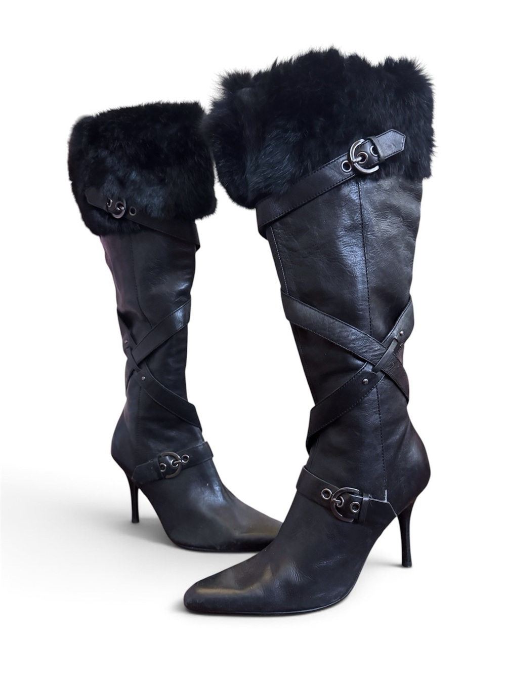 Y2K NINE WEST KNEE HIGH FUR TRIM BLACK POINTED TOE HEEL BOOTS 🖤